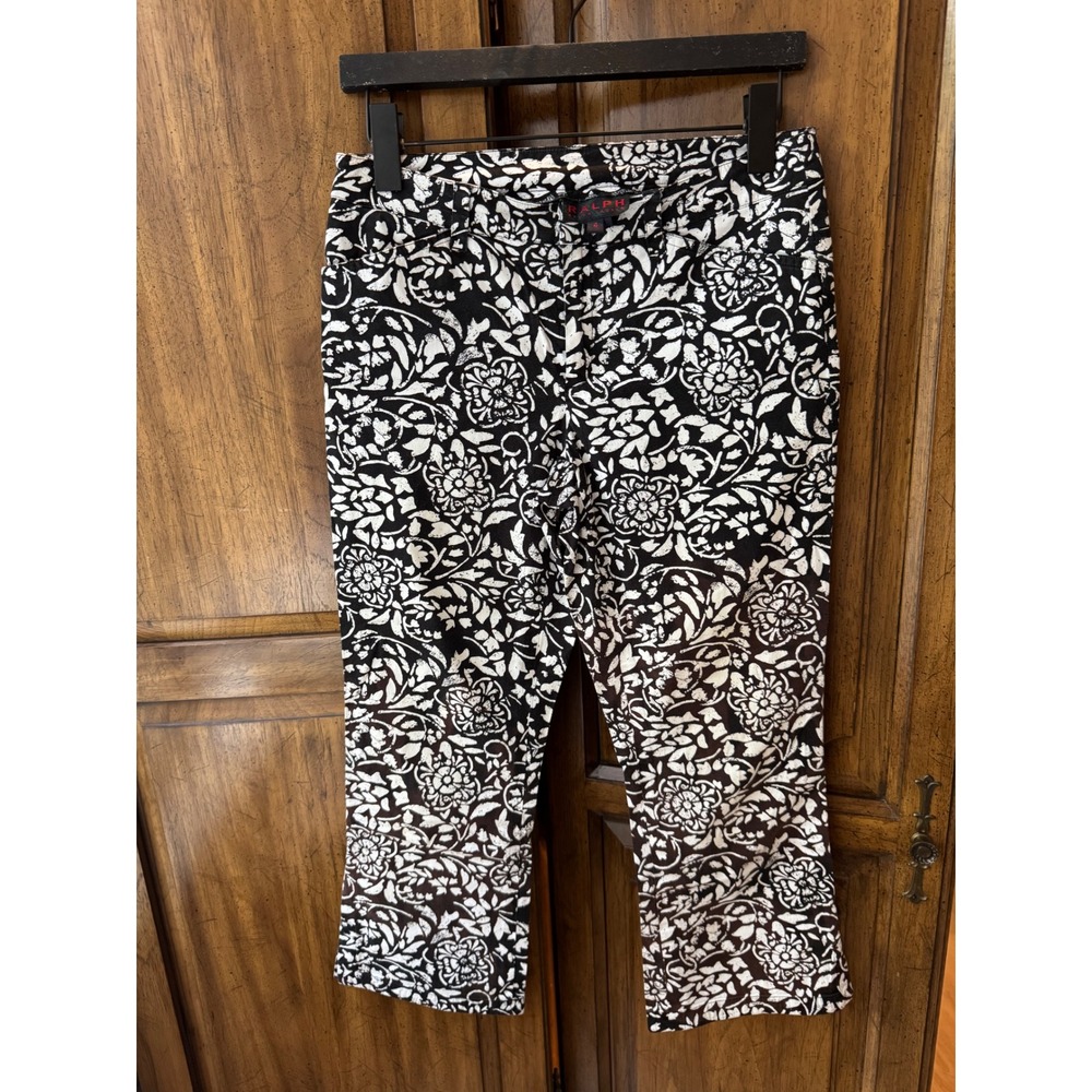 Ralph Lauren Vintage Womens Black White FloralPrint Cropped Pants Stretch size 4